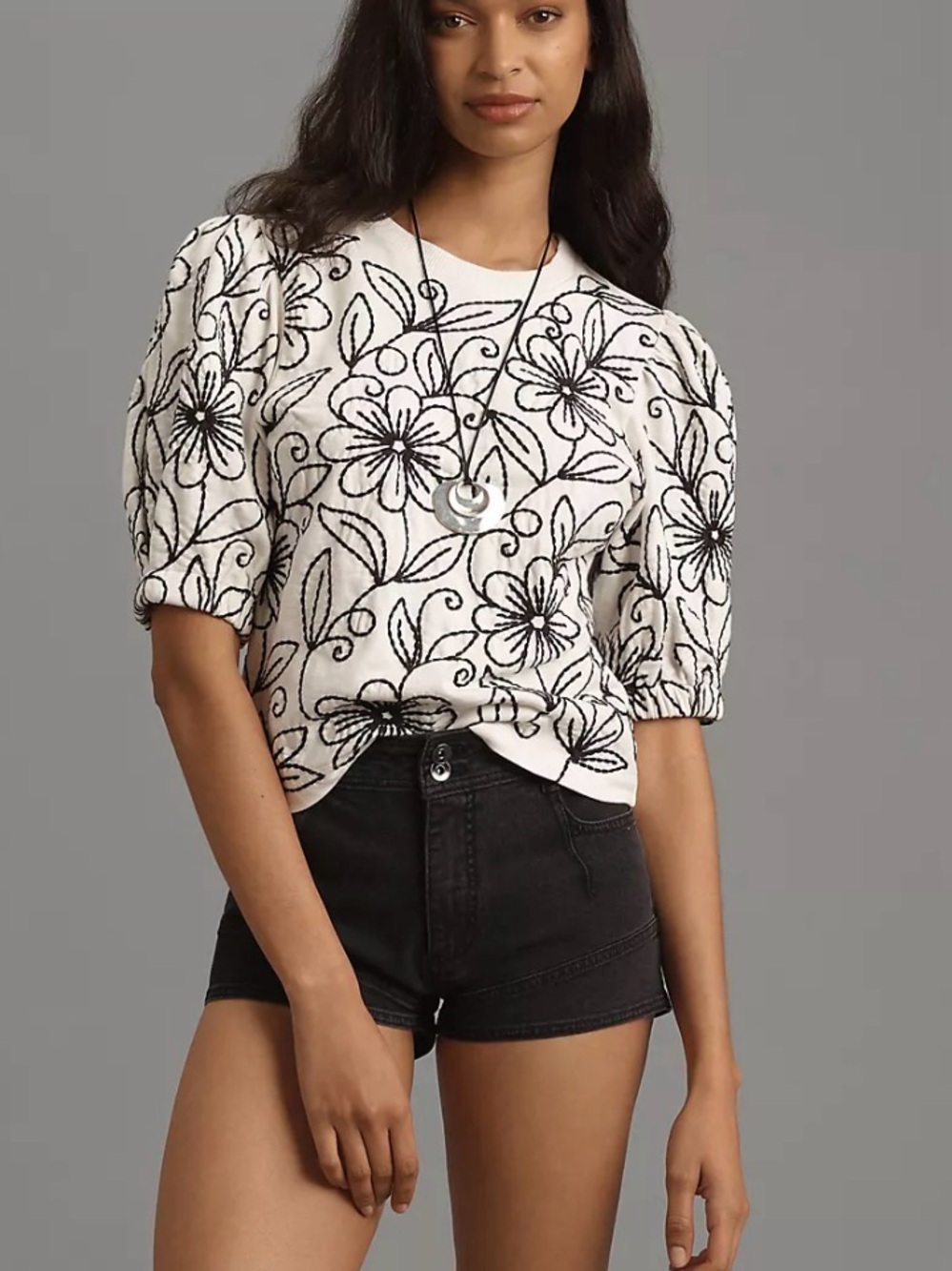 Maeve White Top with Black Floral Embroidery - Picture 3 of 9